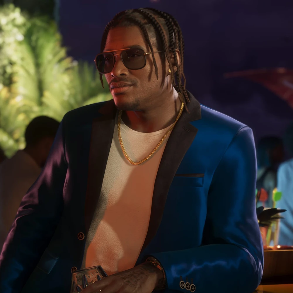 Dre'Quan Priest con traje de satén azul y copa en mano en Grand Theft Auto VI