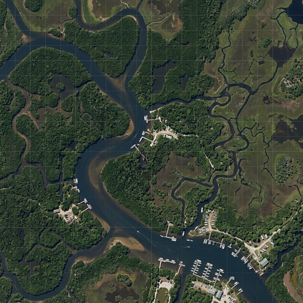 Detalle satelital en alta resolución de los canales y manglares de Grassrivers