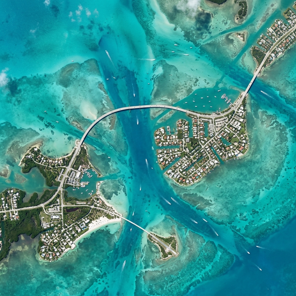 Captura aérea satelital en alta definición del archipiélago de Los Cayos y el viaducto oceánico