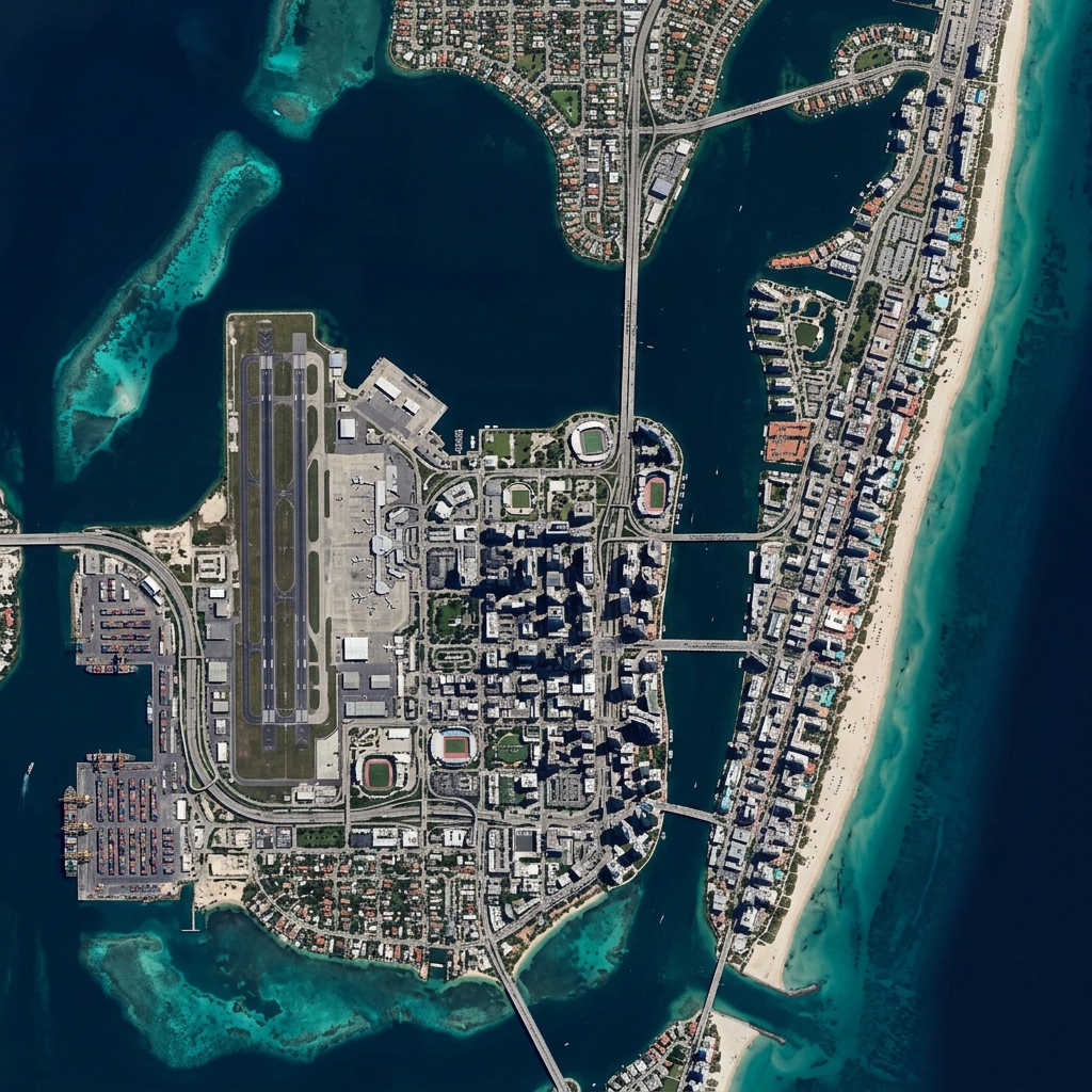 Detalle satelital en alta resolución de la metrópoli de Vice City, Ocean Drive y puertos